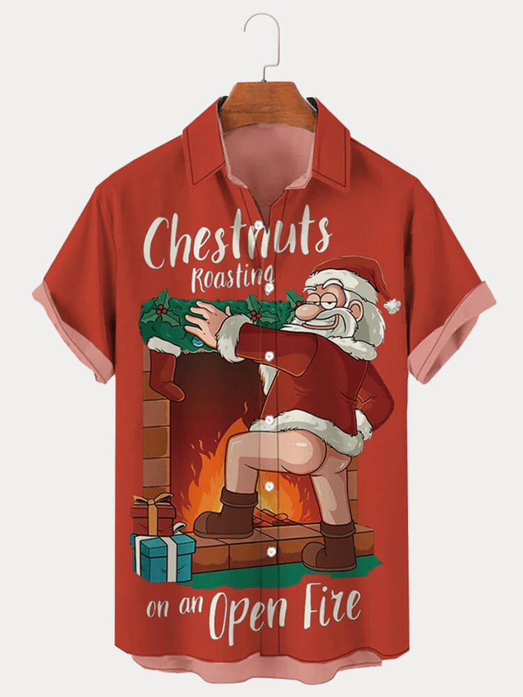 Funny Christmas Print Cotton Linen Shirt Shirts coofandy Red S 