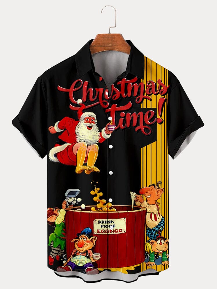 Santa Claus Graphic Cotton Linen Shirt Shirts coofandy Black S 