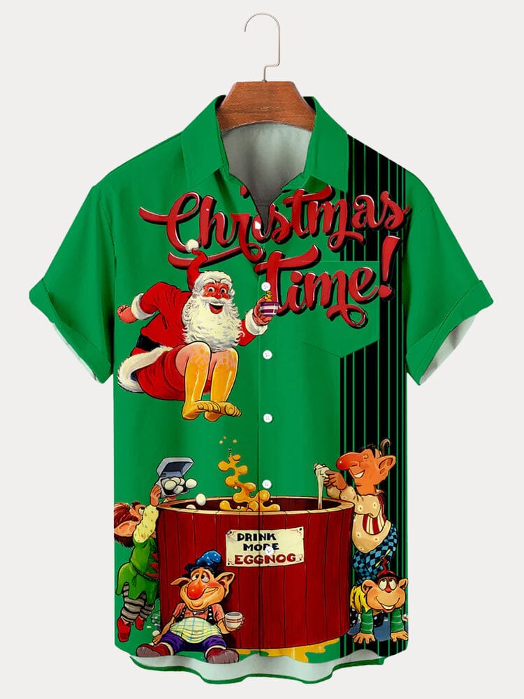 Santa Claus Graphic Cotton Linen Shirt Shirts coofandy Green S 