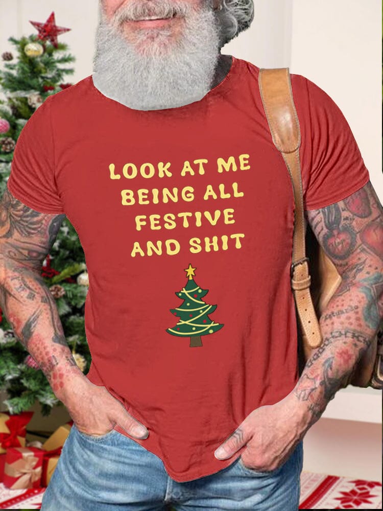 Christmas Word Printed T-shirt T-Shirt coofandy Red S 