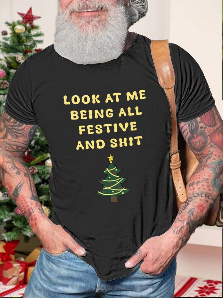 Christmas Word Printed T-shirt T-Shirt coofandy Black S 