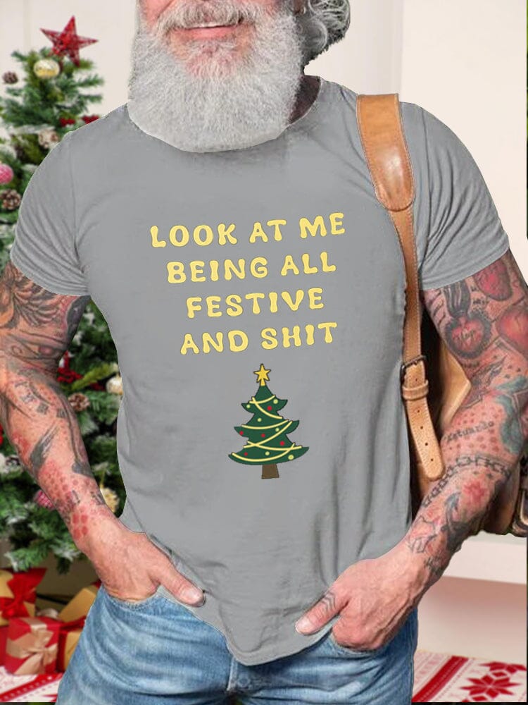 Christmas Word Printed T-shirt T-Shirt coofandy Grey S 