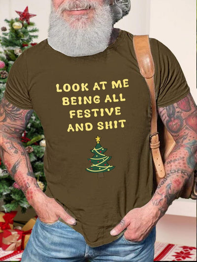 Christmas Word Printed T-shirt T-Shirt coofandy Brown S 