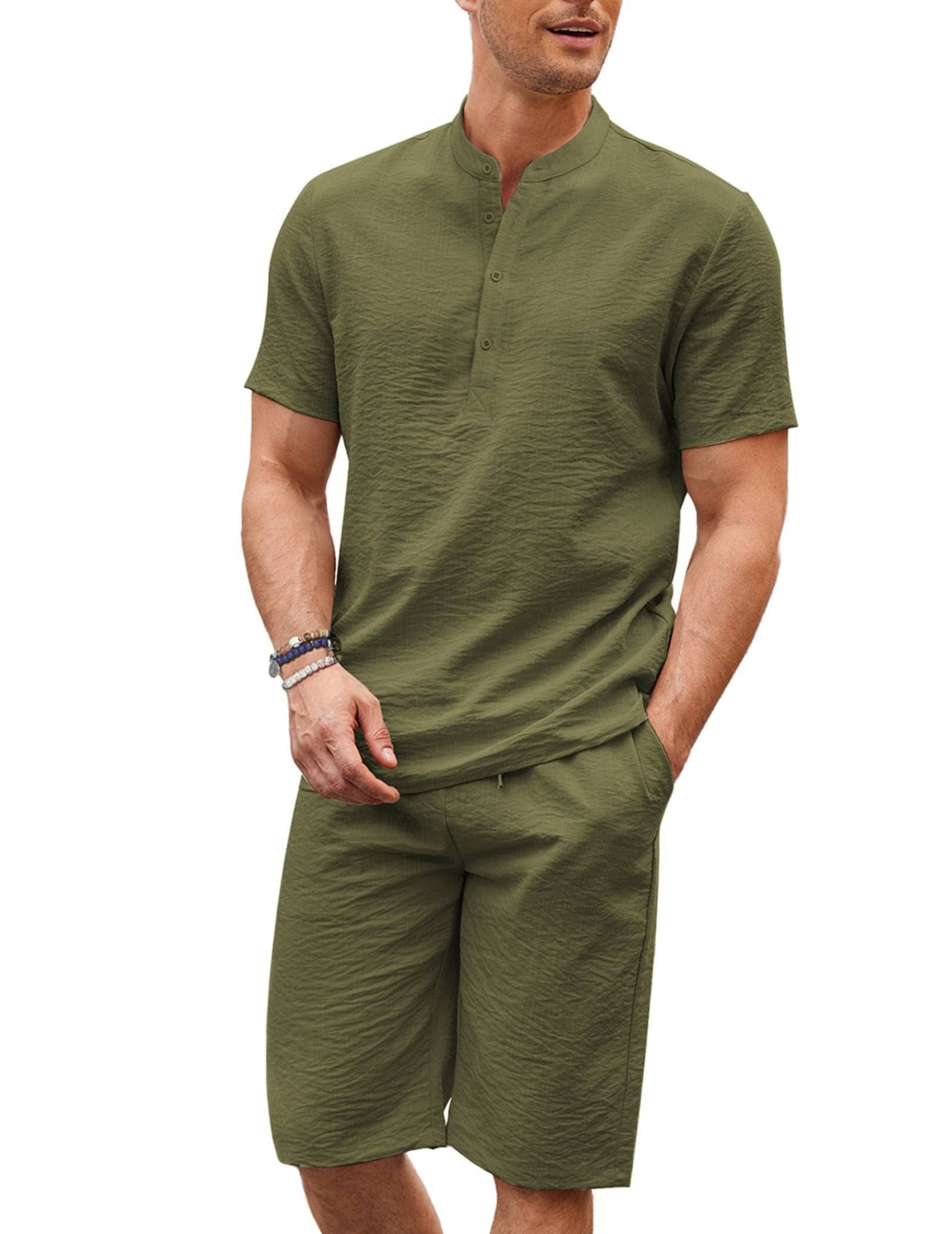 Casual 2 Pieces Cotton Linen Henley Shirt Set (US Only) Sets coofandy Army Green S 