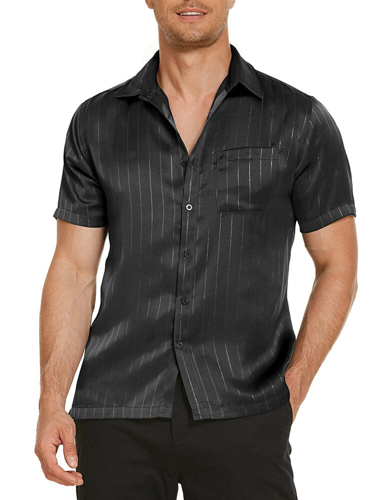 Casual Silk Satin Short Sleeve Shirt (US Only) Shirts coofandy Black S 