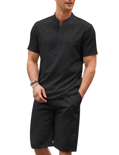 Casual 2 Pieces Cotton Linen Henley Shirt Set (US Only) Sets coofandy Black S 
