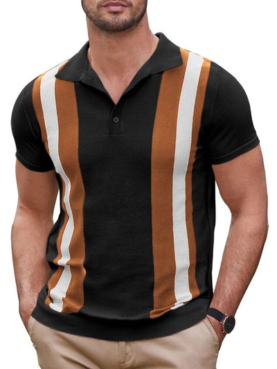 Vintage Stripe Short Sleeve Knitted Polo Shirt (US Only) Polos COOFANDY Store Black & Brown S 