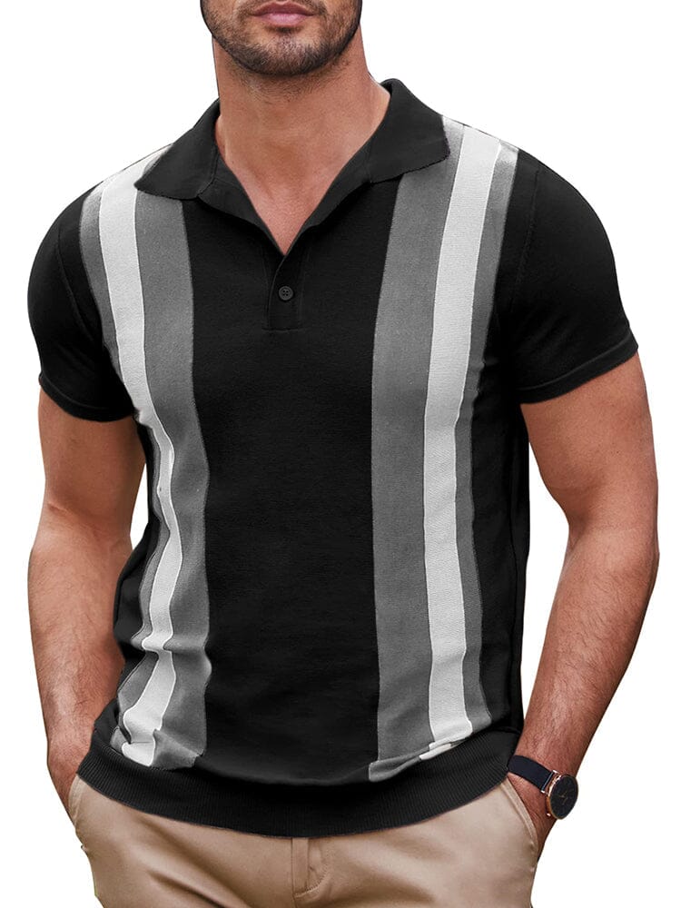 Vintage Stripe Short Sleeve Knitted Polo Shirt (US Only) Polos COOFANDY Store Black & Grey S 