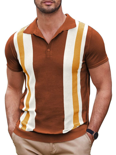 Vintage Stripe Short Sleeve Knitted Polo Shirt (US Only) Polos COOFANDY Store Brown & White M 
