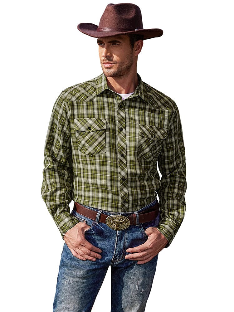 Plaid Long Sleeve Casual Shirt with Pockets (US Only) Shirts COOFANDY Store Green S 