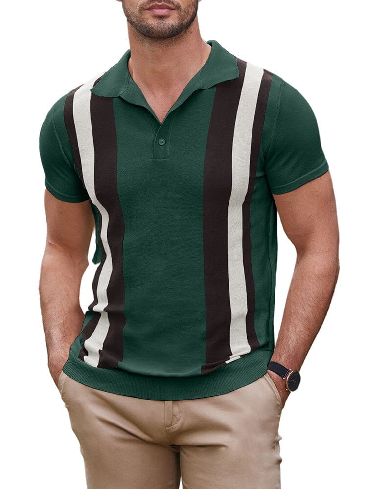 Vintage Stripe Short Sleeve Knitted Polo Shirt (US Only) Polos COOFANDY Store Green & Black S 