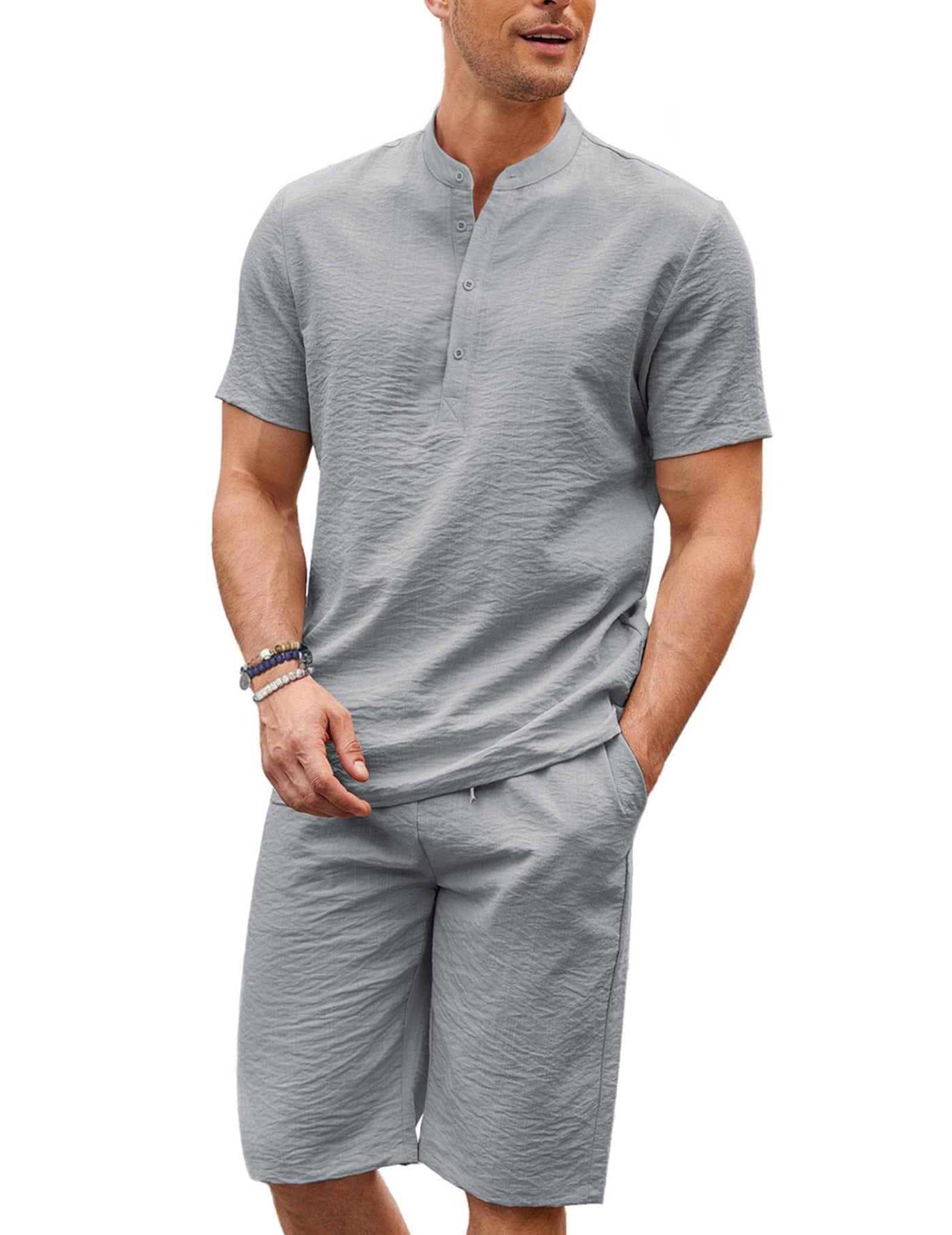 Casual 2 Pieces Cotton Linen Henley Shirt Set (US Only) Sets coofandy Grey S 