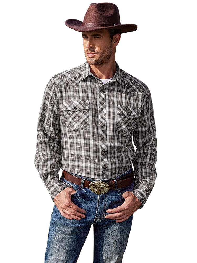 Plaid Long Sleeve Casual Shirt with Pockets (US Only) Shirts COOFANDY Store Grey S 