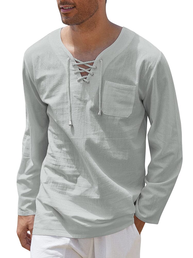 Breathable Solid Drawstring Cotton Linen Shirt (US Only) Shirts coofandy Grey S 