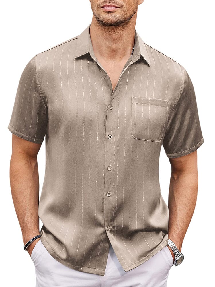 Casual Silk Satin Short Sleeve Shirt (US Only) Shirts coofandy Khaki S 