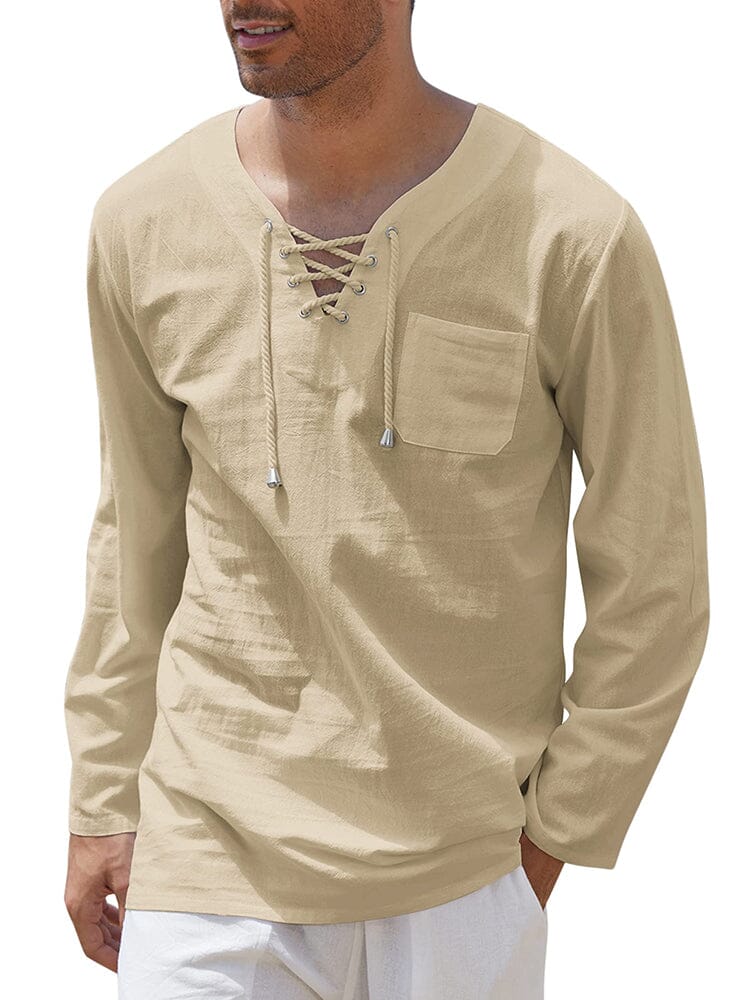 Breathable Solid Drawstring Cotton Linen Shirt (US Only) Shirts coofandy Khaki S 