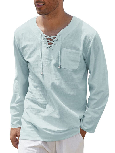 Breathable Solid Drawstring Cotton Linen Shirt (US Only) Shirts coofandy Light Blue S 