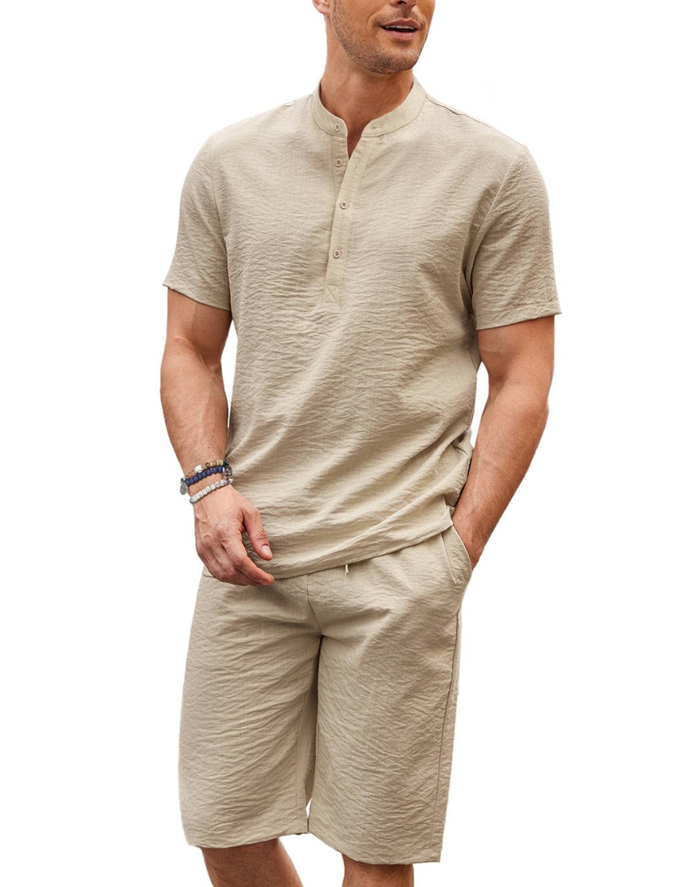 Casual 2 Pieces Cotton Linen Henley Shirt Set (US Only) Sets coofandy Light Khaki S 