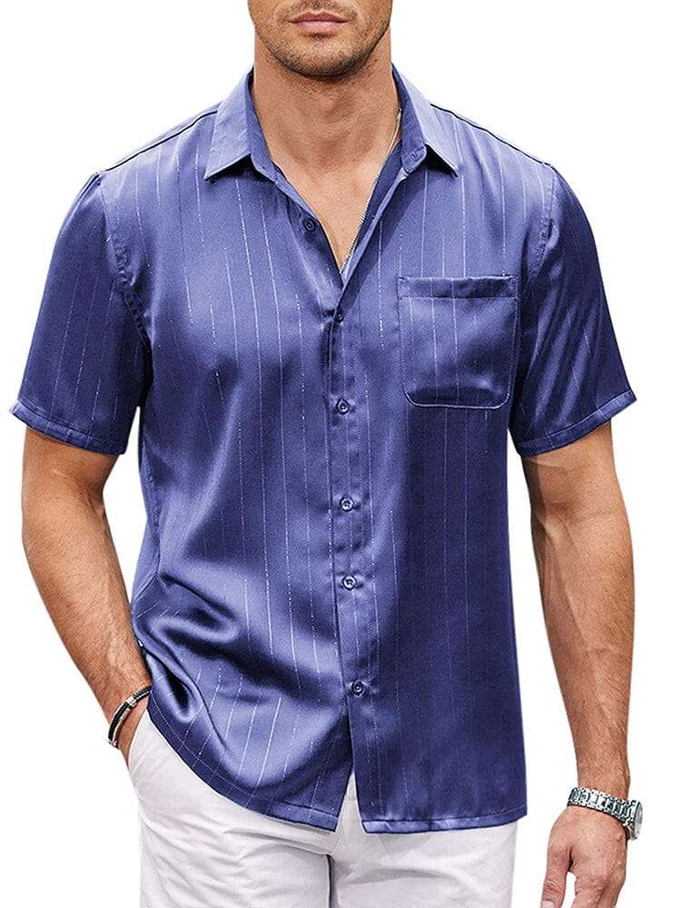 Casual Silk Satin Short Sleeve Shirt (US Only) Shirts coofandy Navy Blue S 