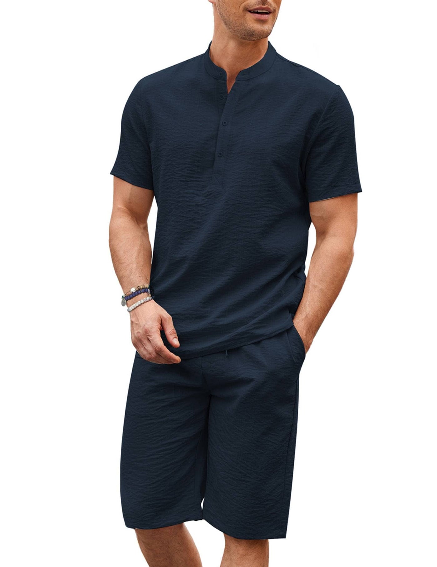 Casual 2 Pieces Cotton Linen Henley Shirt Set (US Only) Sets coofandy Navy Blue S 