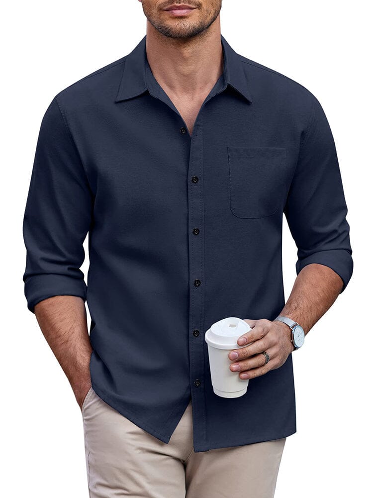 Classic Solid Long Sleeve Button Shirt with Chest Pocket (US Only) Shirts coofandy Navy Blue S 