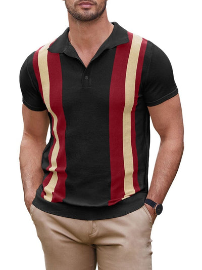 Vintage Stripe Short Sleeve Knitted Polo Shirt (US Only) Polos COOFANDY Store Navy Blue & Red S 
