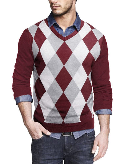 Casual Ribbed Knitted Pullover Sweater (US Only) Sweater coofandy Red Argyle S 
