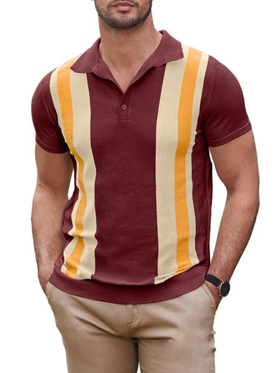 Vintage Stripe Short Sleeve Knitted Polo Shirt (US Only) Polos COOFANDY Store Red & Beige S 