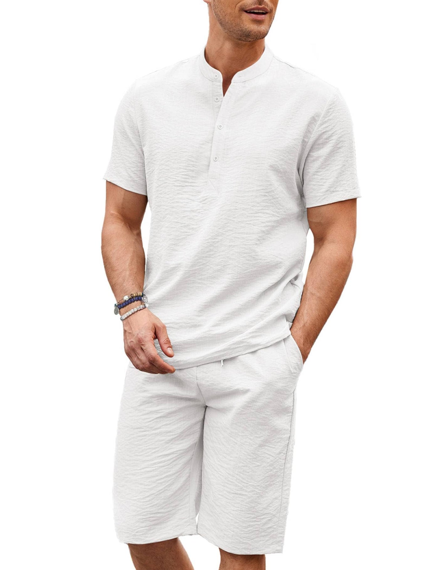 Casual 2 Pieces Cotton Linen Henley Shirt Set (US Only) Sets coofandy White S 