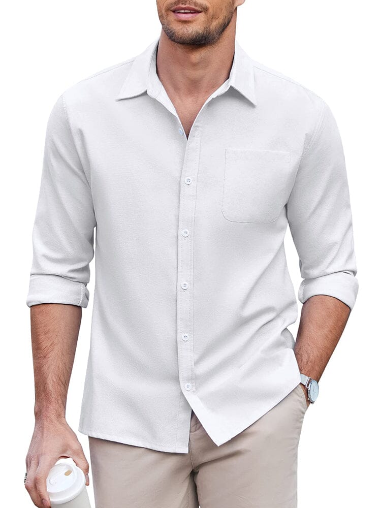 Classic Solid Long Sleeve Button Shirt with Chest Pocket (US Only) Shirts coofandy White S 