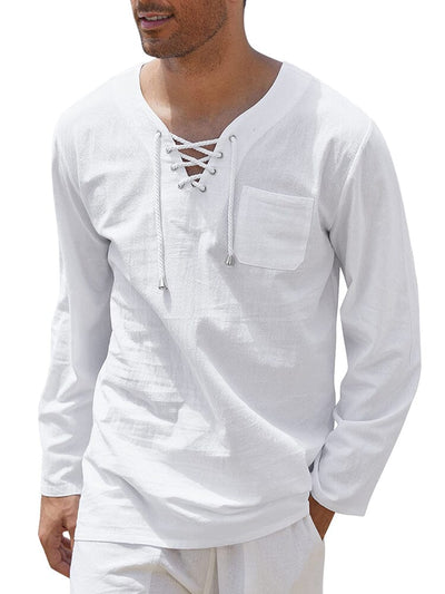 Breathable Solid Drawstring Cotton Linen Shirt (US Only) Shirts coofandy White S 