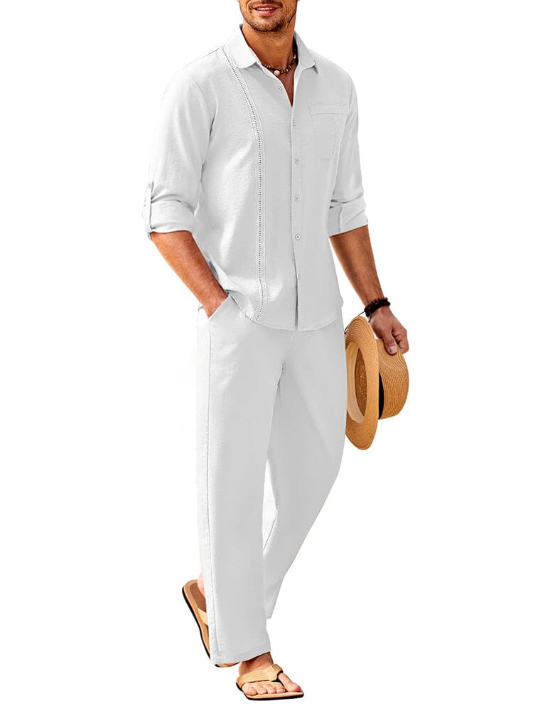 Men's Linen Sets Henley Shirts 2 Piece Vacation Outfits 2024 Summer