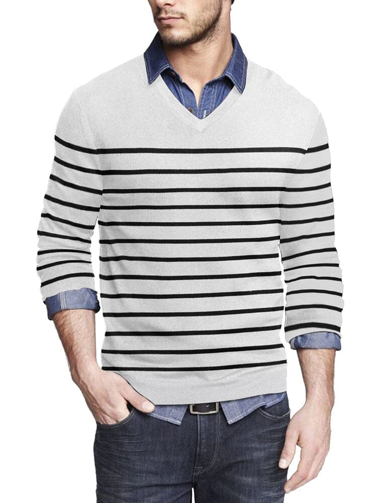 Casual Ribbed Knitted Pullover Sweater (US Only) Sweater coofandy White Stripe S 