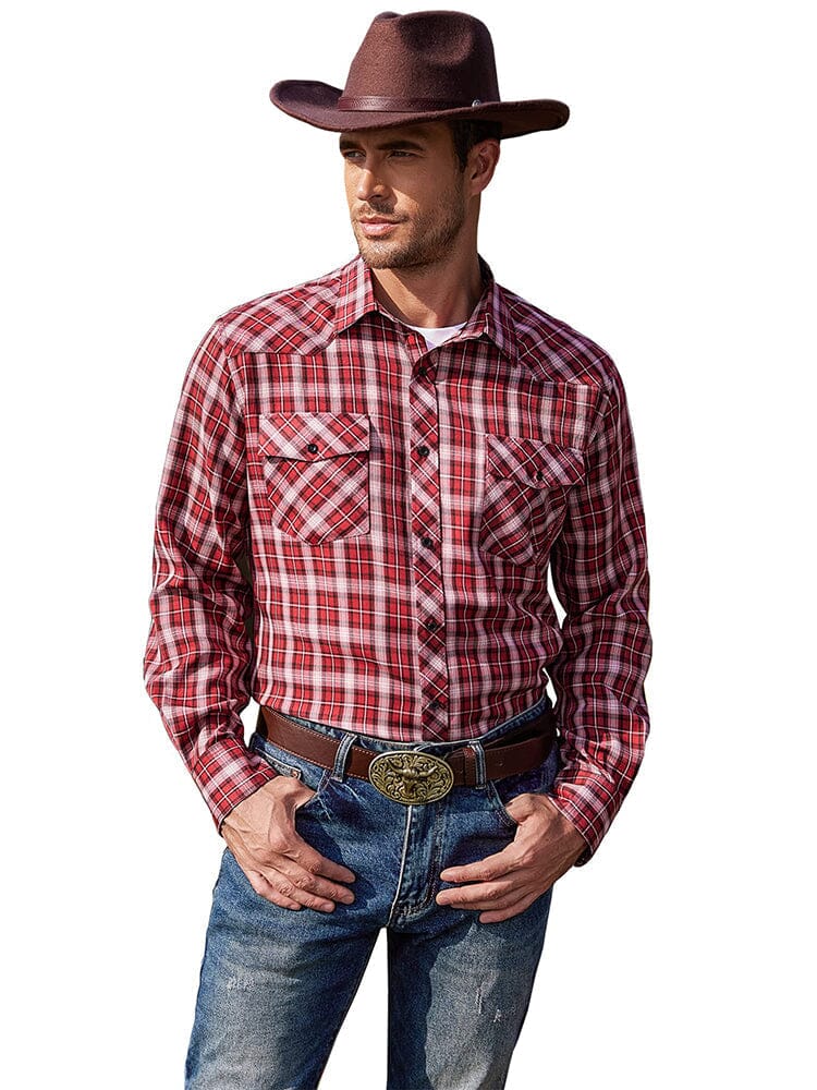Plaid Long Sleeve Casual Shirt with Pockets (US Only) Shirts COOFANDY Store Wine Red S 