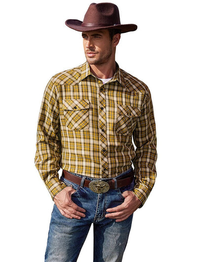 Plaid Long Sleeve Casual Shirt with Pockets (US Only) Shirts COOFANDY Store Yellow S 